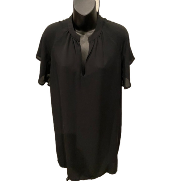 Gap Black flutter sleeve sheath dress, sheer w/liner, sz Small split v-neck neck - Picture 9 of 9